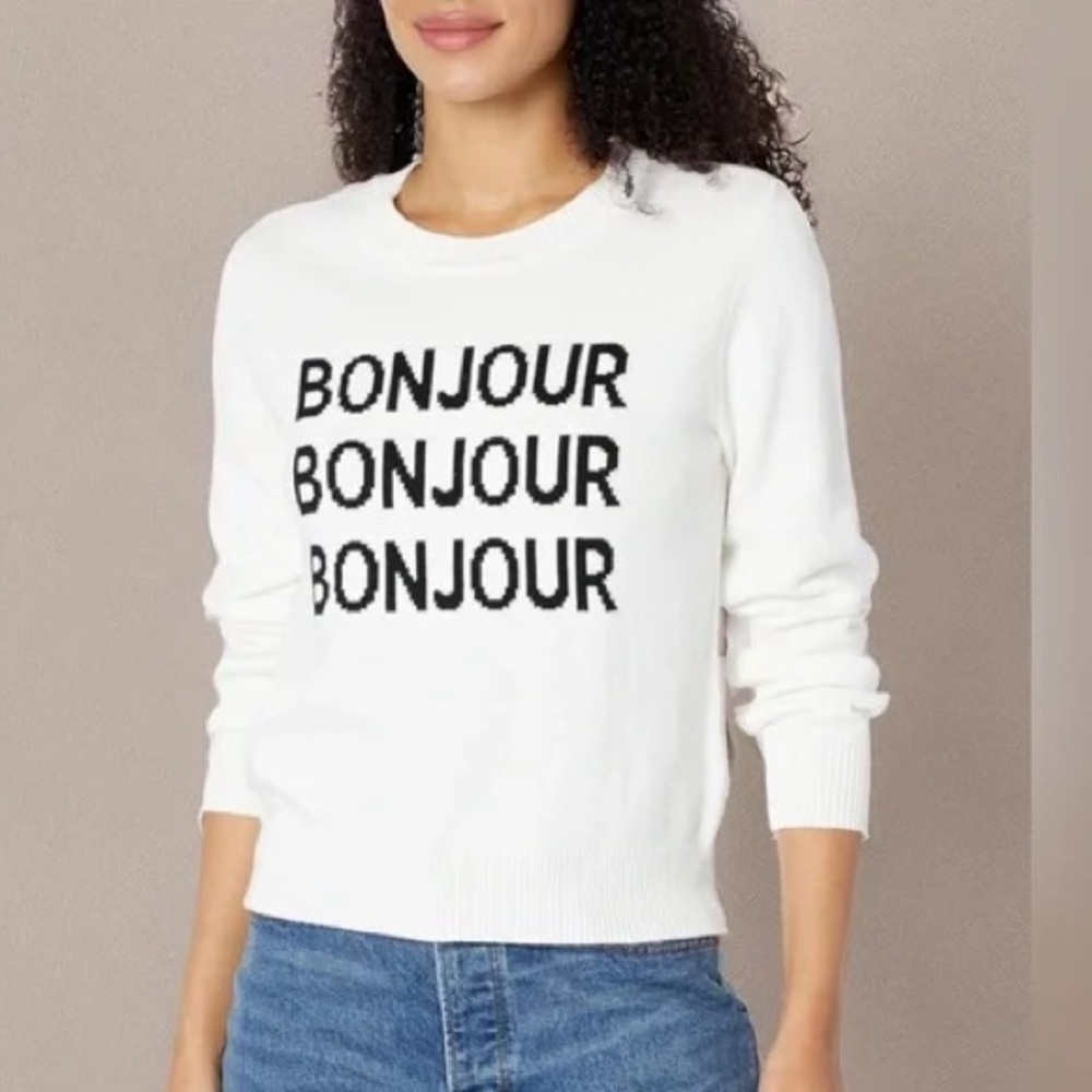 KARL LAGERFELD Black & White Bonjour Pullover Sweater Crewneck Cotton 93% EUC M - Picture 15 of 16